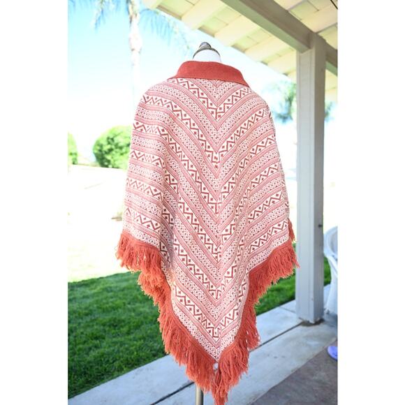 1970's Wool Burnt Orange and Cream Knit Poncho - Picture 2 of 7